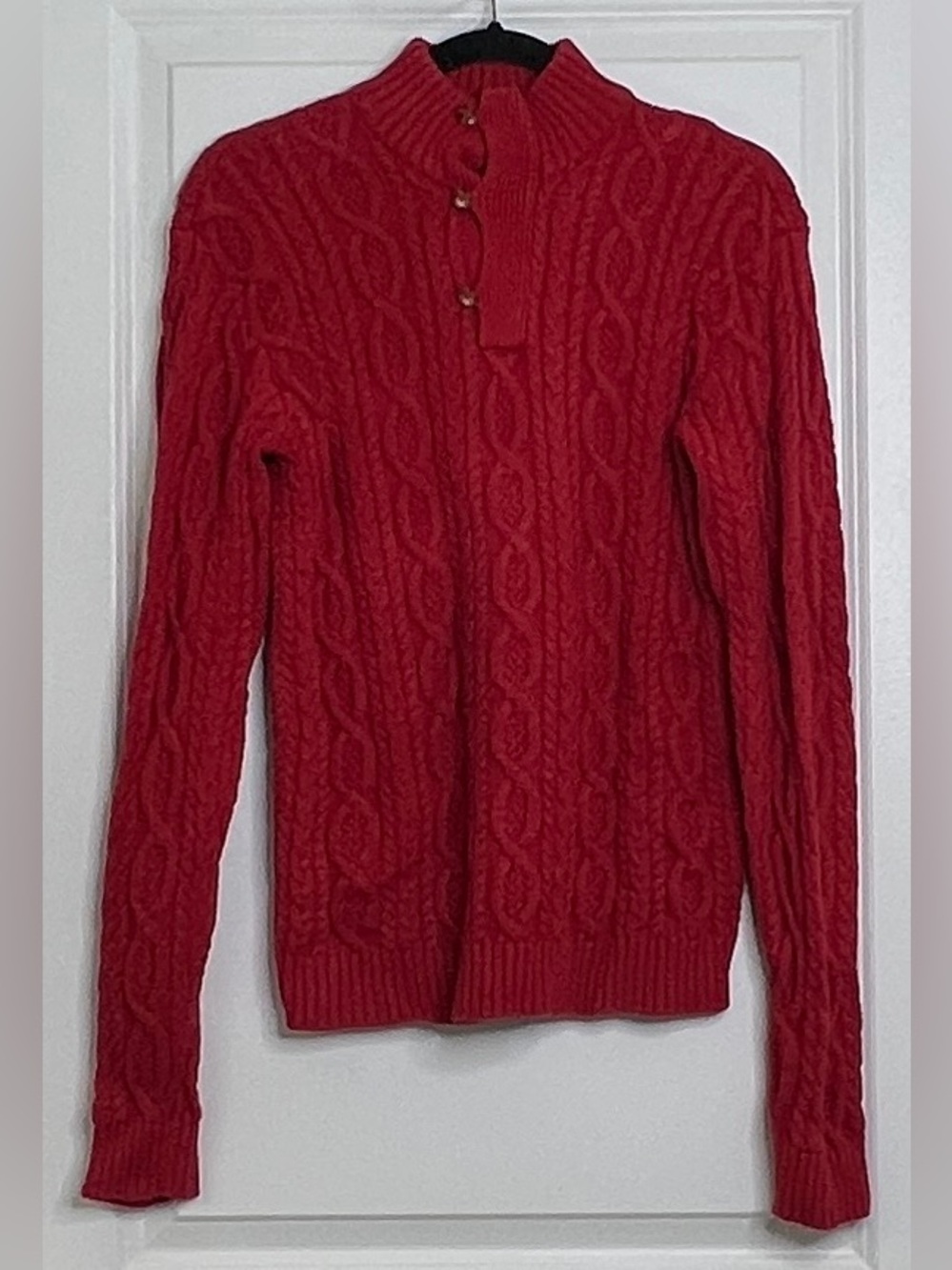 Hope & Henry Mens Red Cable Knit Sweater 100% Organic Cotton Mock Neck Placket